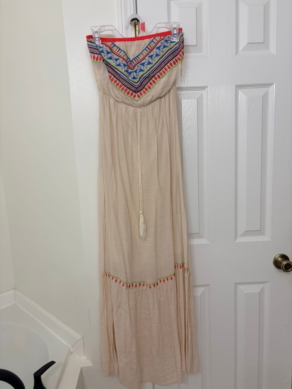 Flying Tomato Beige Strapless Maxi Dress with Multicolor Embroidered Yoke